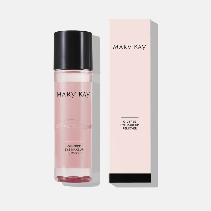 Bouteille du D&eacute;maquillant sans huile pour les yeux Mary Kay debout avec l&rsquo;emballage ext&eacute;rieur.