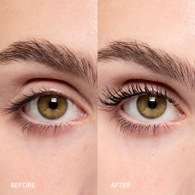 Before-and-after images of Lash Love Fanorama Define Lift Mascara applied to lashes of a model with light skin tone