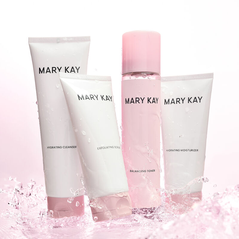 Entire line of Mary Kay Skin Care featuring a complete moisturizing routine standing in splashing water image number null