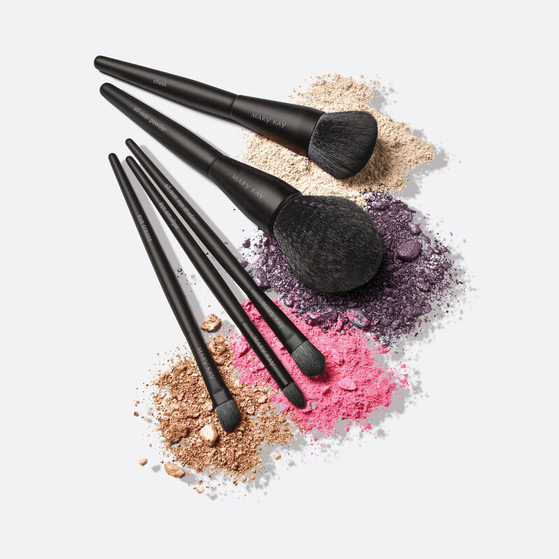 Tous les pinceaux de la Collection essentielle de pinceaux dispos&eacute;s en &eacute;ventail sur divers produits en poudre