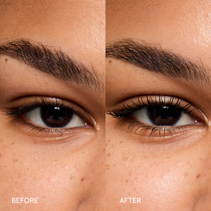 Before-and-after images of Lash Love Fanorama Define+Lift Mascara applied to lashes of a model with medium skin tone