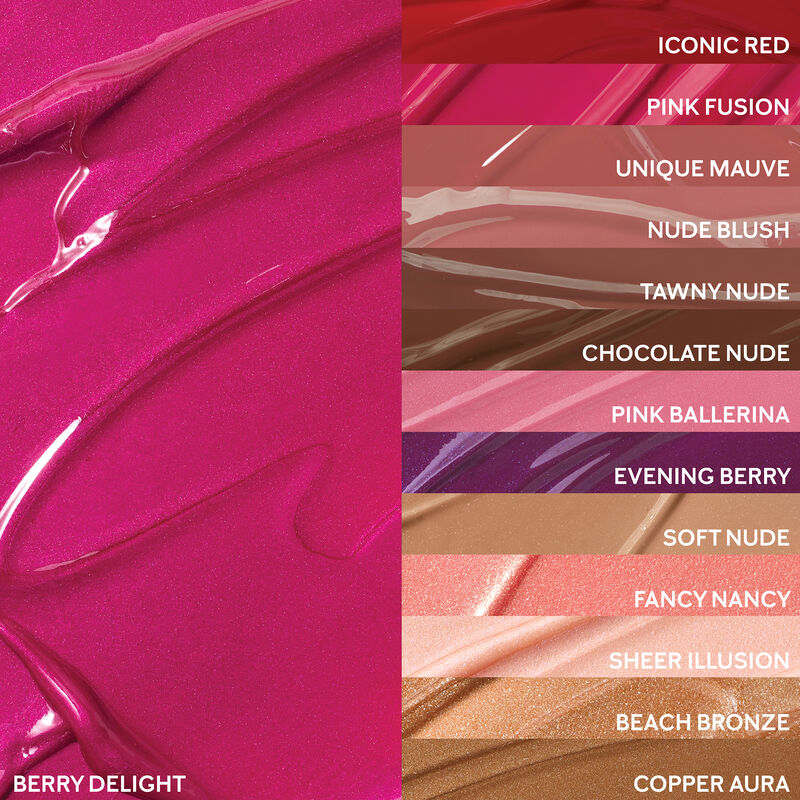 Tr&egrave;s gros plan du fini Baie succulente plac&eacute; &agrave; c&ocirc;t&eacute; des autres teintes du Brillant &agrave; l&egrave;vres Mary Kay Unlimited.