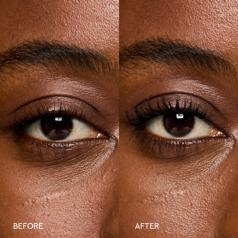 Before-and-after images of Lash Love Fanorama Define+Lift Mascara applied to lashes of a model with deep skin tone