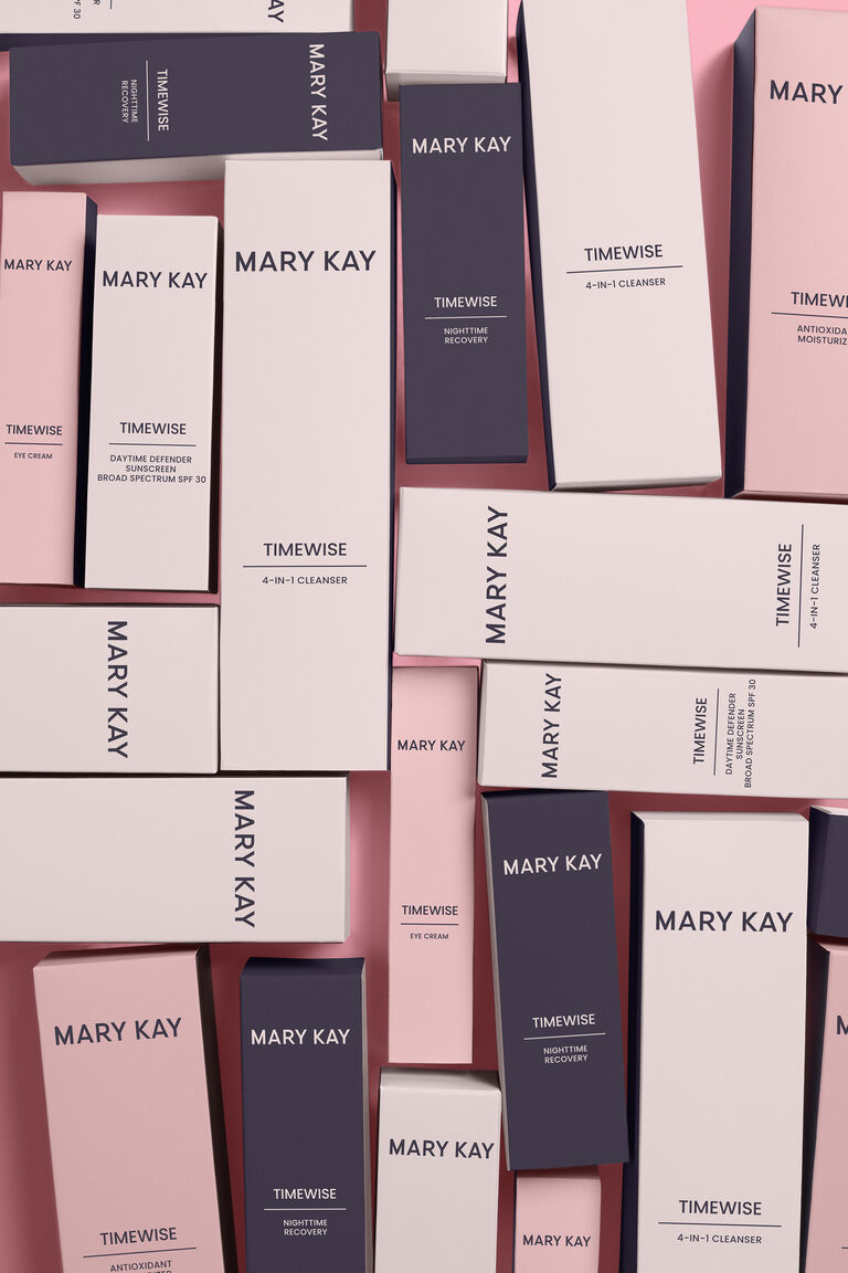 Collage of Mary Kay Timewise product package boxes.