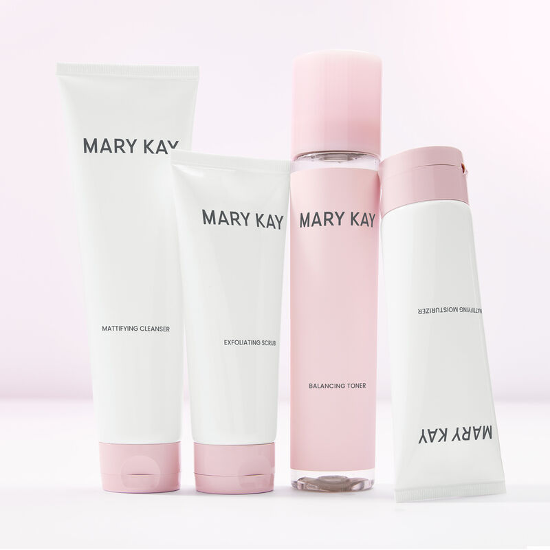 Mary Kay Mattifying Regimen standing against a light pink background