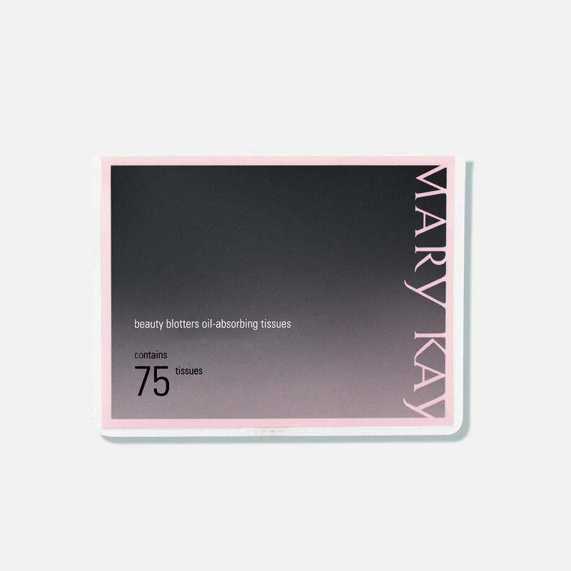 Black and tan box of Mary Kay Beauty Blotters&reg; Oil-Absorbing Tissues on plain background