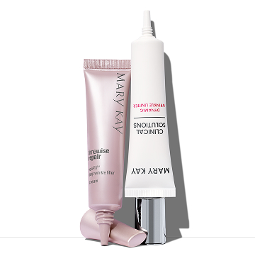 Un tube du Combleur de rides profondes Volu-Fill TimeWise Repair pr&egrave;s d&rsquo;un tube du Limiteur de rides dynamiques Mary Kay Clinical Solutions